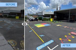 Before and after thermoplastic line marking on an Australian school playground