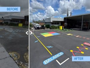 Before and after thermoplastic line marking on an Australian school playground