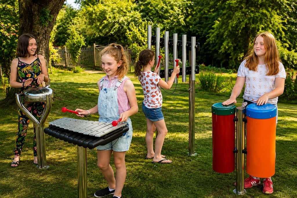 Outdoor play based learning environment elements early childhood centre Australia musical instruments sensory markings