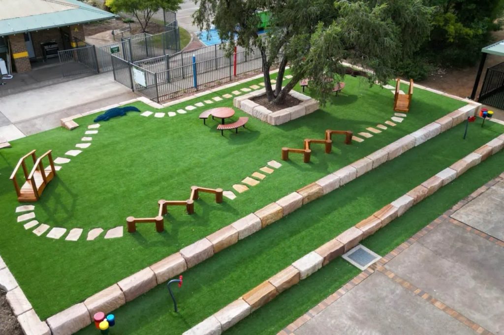 Primary school outdoor play equipment zones aerial view Australia EduMarking